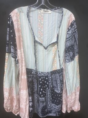 Haptics Mixed-Print V-Neck Peasant Tunic in Mint, Blush & Black